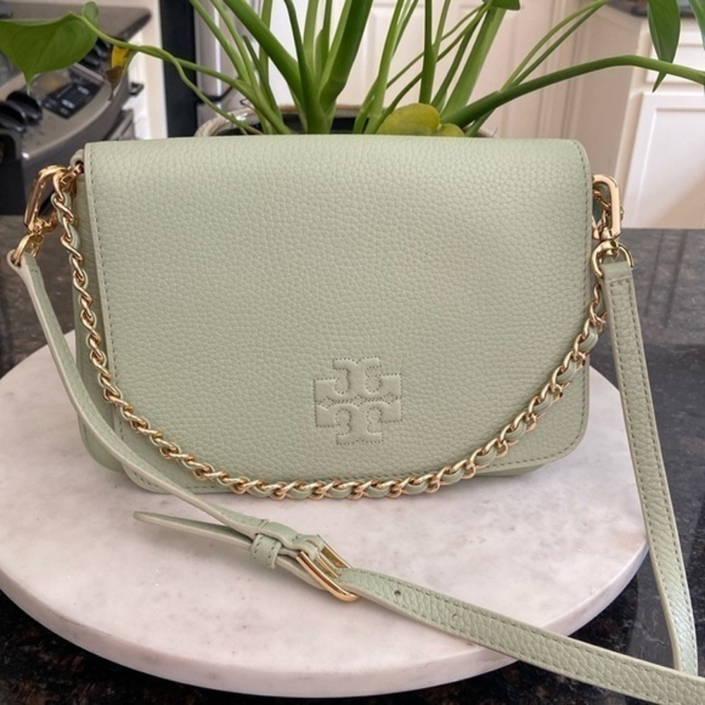 Tory Burch Mint Green Leather Crossbody Bag with Gold Chain